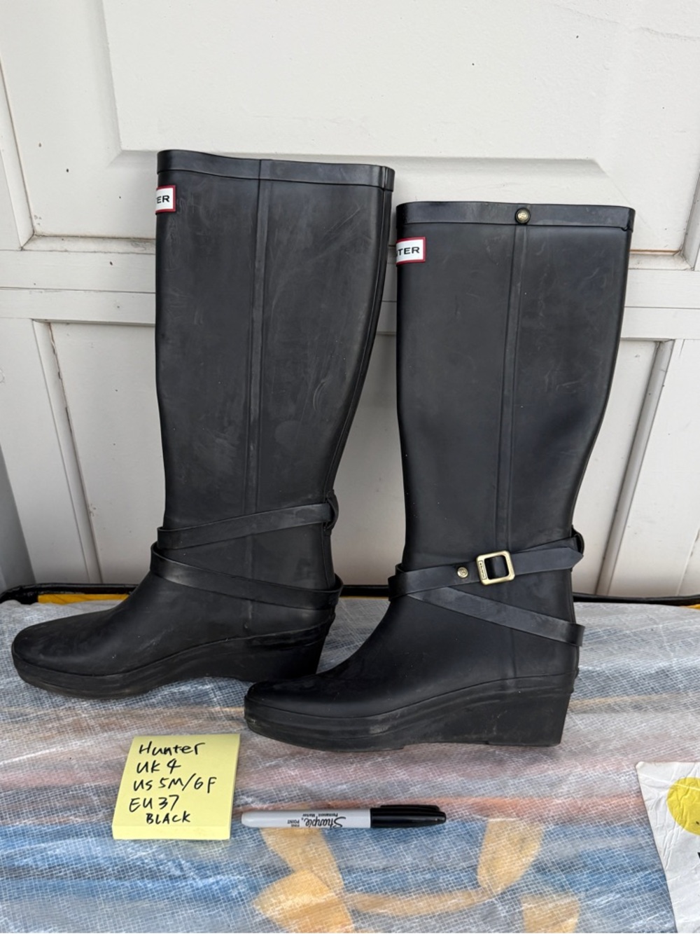 Hunter Black Women's Wedge Rain Boots with Buckle Strap black EU37